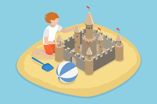 Vector 3d isometric flat vector conceptual illustration of kid building a sand castle