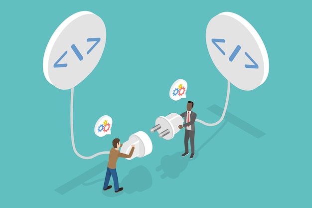 Vector 3d isometric flat vector illustration of application programming interface programmer establishes