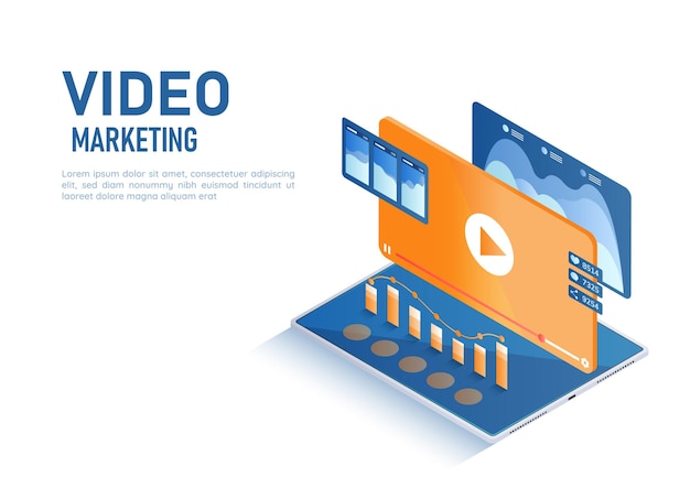 Vector 3d isometric web banner video with play button and data analysis on tablet. video marketing concept