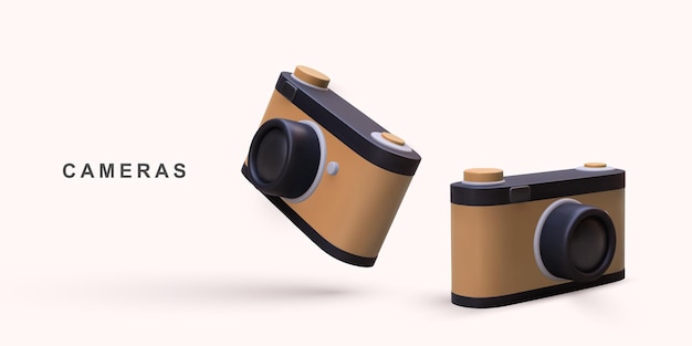 Vector 3d realistic set of decorative elements camera globe suitcase road sign and palm tree