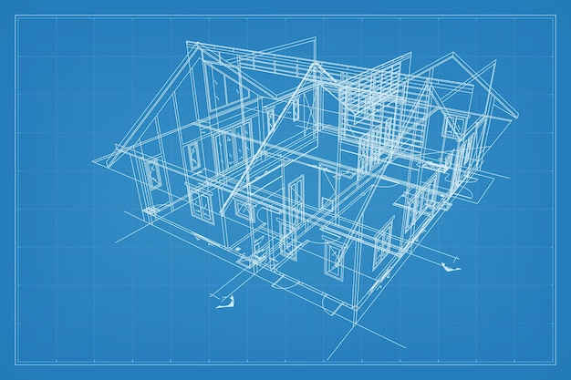Vector 3d render of building wireframe structure perspective wireframe of house