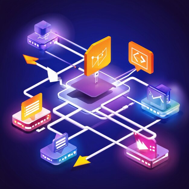 Vector 3d render of computer network icons over purple background with and lines data center