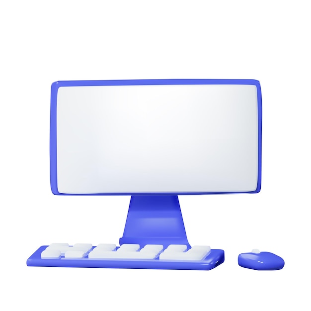 Vector 3d render desktop computer with mouse and keyboard front view vector illustration