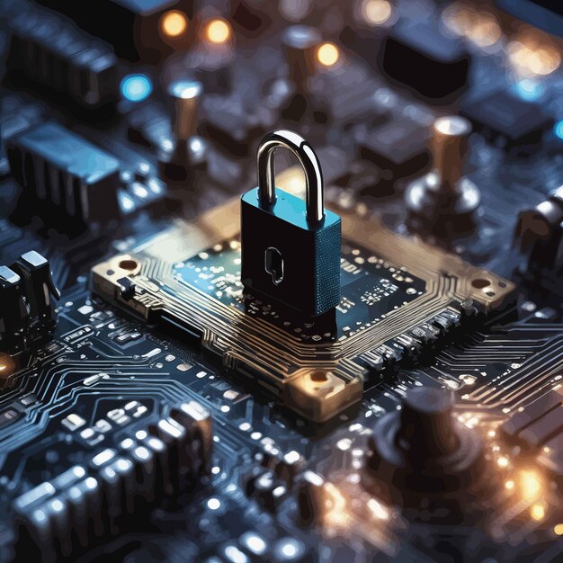 Vector 3d rendering of cyber lock with binary circuit board 3d rendering of cyber lock with binary circuit