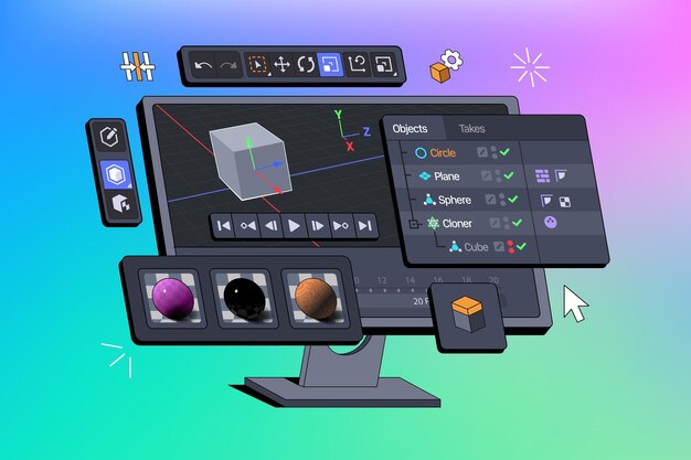 Vector 3d software suite interface displayed on a computer monitor viewport of program for motion designer