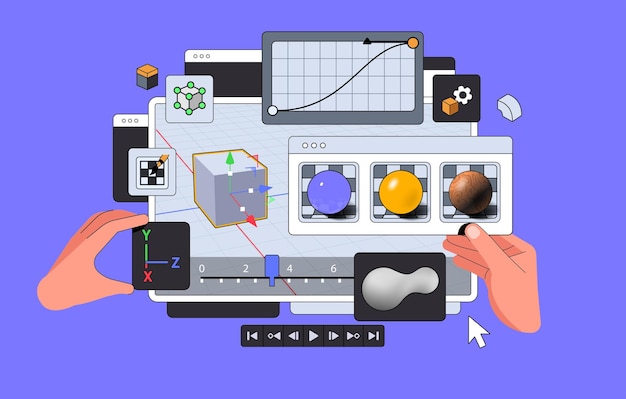 Vector 3d software suite interface layout with hands viewport of program for motion designers and animator
