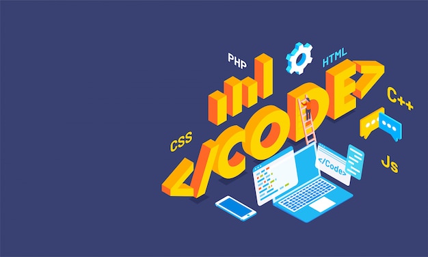 Vector 3d text code with multiple coding languages signs.