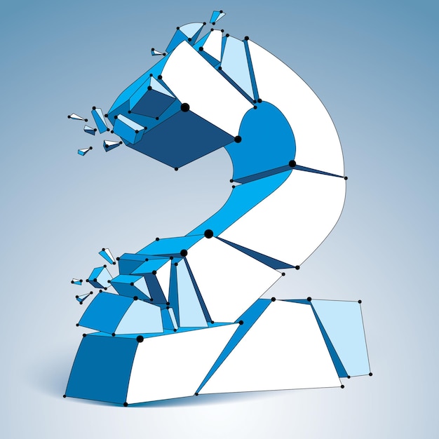 Vector 3d vector digital wireframe blue number 2 broken into different particles, geometric polygonal numeration with lines mesh. low poly shattered typescript, lattice element.