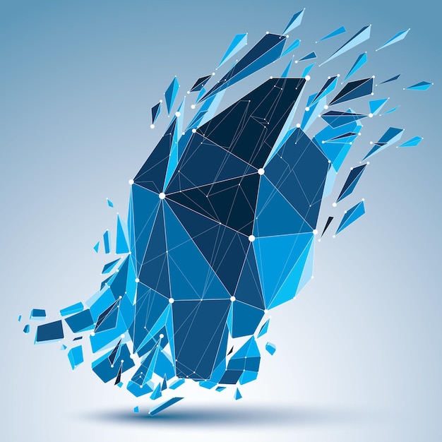 Vector 3d vector digital wireframe complicated object broken into different particles and fractions, geometric blue polygonal structure with dotted lines. low poly shattered shape with luminescent effect.