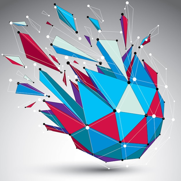 Vector 3d vector digital wireframe object broken into different particles and refractions, colorful geometric polygonal structure with lines mesh. low poly shattered shape, lattice form.