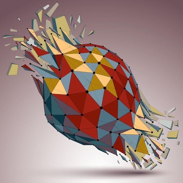 Vector 3d vector digital wireframe object broken into different particles and refractions, colorful geometric polygonal structure with lines mesh. low poly shattered shape, lattice form.