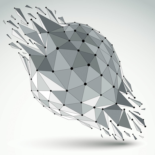 Vector 3d vector digital wireframe object broken into different particles and refractions, geometric polygonal structure with lines mesh. low poly shattered shape, lattice form.