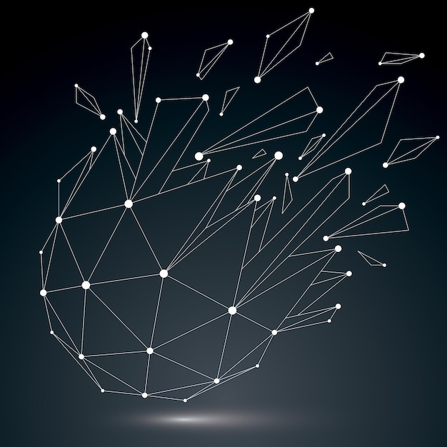 Vector 3d vector digital wireframe object broken into different particles and refractions, geometric polygonal structure with white lines mesh. low poly shattered shape with luminescent effect.