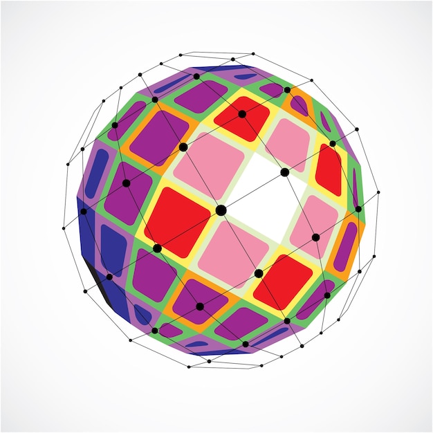 Vector 3d vector digital wireframe spherical object made using facets. geometric polygonal colorful structure created with lines mesh and squares. low poly shape, lattice form for use in web design.