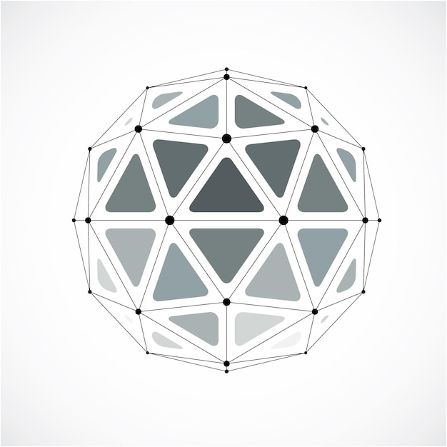 Vector 3d vector digital wireframe spherical object made using triangular facets. geometric polygonal structure created with lines mesh. low poly shape, gray lattice form for use in web design.
