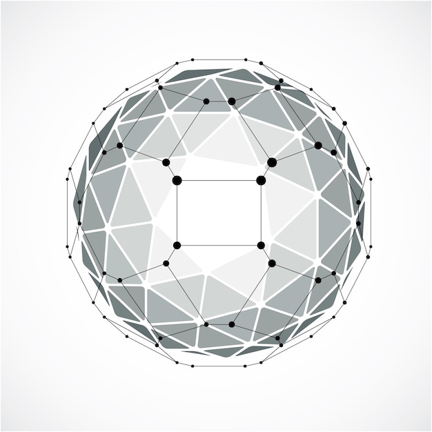 Vector 3d vector digital wireframe spherical object made using triangular facets. geometric polygonal structure created with lines mesh. low poly shape, gray lattice form for use in web design.