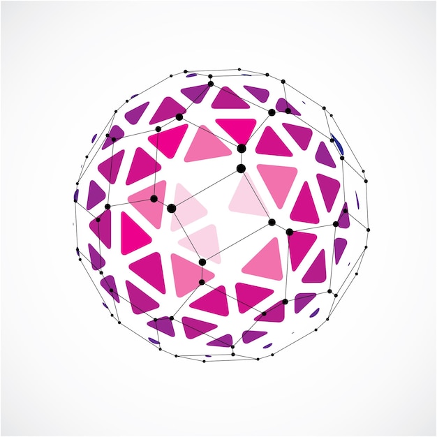 Vector 3d vector digital wireframe spherical object made using triangular facets. geometric polygonal structure created with lines mesh. low poly shape, purple lattice form for use in web design.