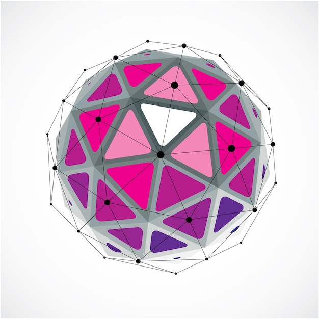 Vector 3d vector digital wireframe spherical object made using triangular facets. geometric polygonal structure created with lines mesh. low poly shape, purple lattice form for use in web design.