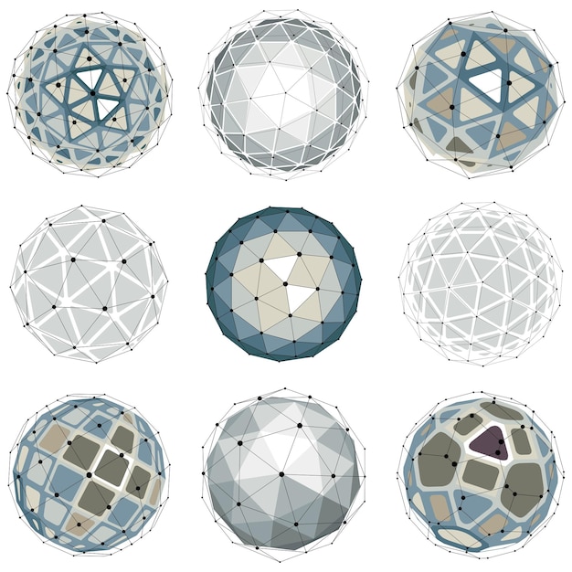 Vector 3d vector digital wireframe spherical objects made using different geometric facets. polygonal orbs created with lines mesh. low poly shapes collection, lattice forms for use in web design.