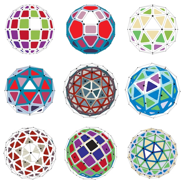 Vector 3d vector digital wireframe spherical objects made using different geometric facets. polygonal orbs created with lines mesh. low poly shapes collection, lattice forms for use in web design.