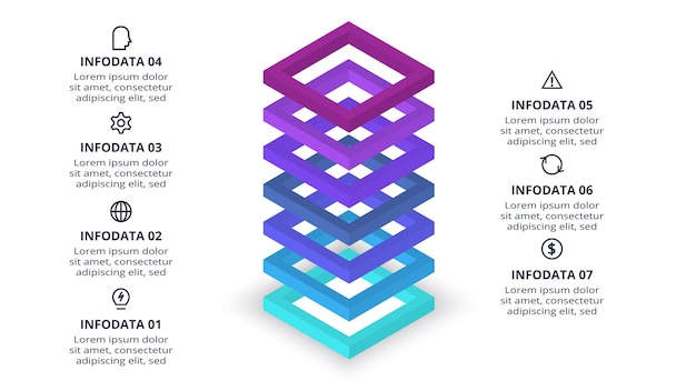 Vector 3d vector infographic pyramid or comparison chart with 7 colorful levitating layers