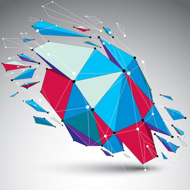 Vector 3d vector low poly object with connected lines and dots, colorful geometric wireframe shape with refractions. asymmetric perspective shattered form.