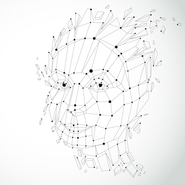Vector 3d vector portrait created with lines mesh. intelligence allegory, black and white low poly face with splinters which fall apart, head exploding with ideas, thoughts and imagination.