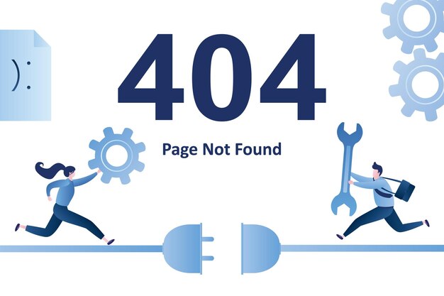 Vector 404 errorpage not found landing page template female coder with gear running programmer with wrench