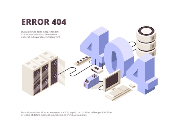 Vector 404 page. web technology error hosting problems computer server falling landing layout isometric