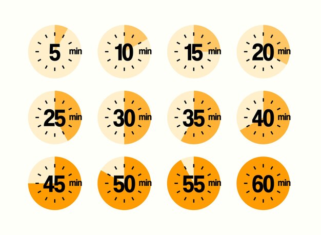 Vector 5 to 60 minutes countdown timer icons set isolated vector illustration
