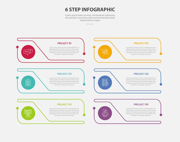 Vector 6 points template infographic outline style with 6 point step template with creative rectangle table with circle badge on edge for slide presentation