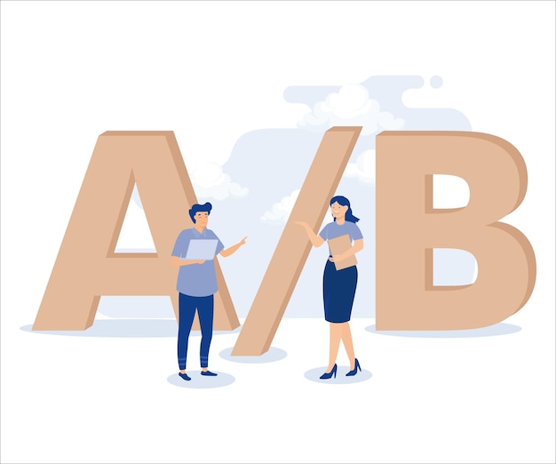 Vector ab testing, businessman programmer and users sitting on alphabets a and b for testing.