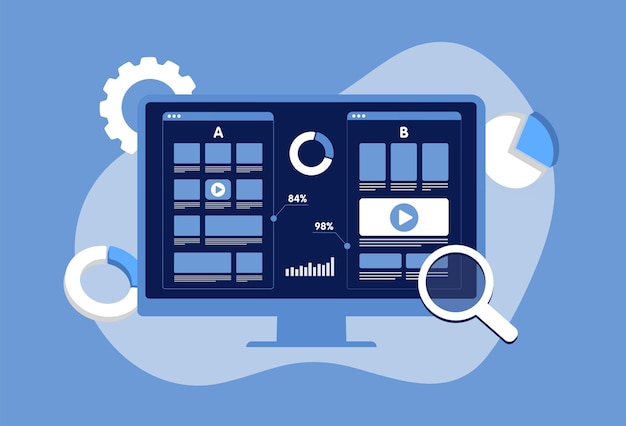 Vector ab testing split test concept desktop pc with two ab websites with a different ui ux design