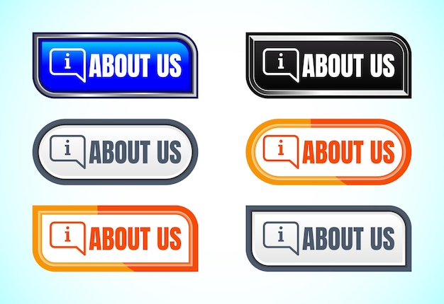 Vector about us button set of different shapes and colors suitable for mobile app and website ui design