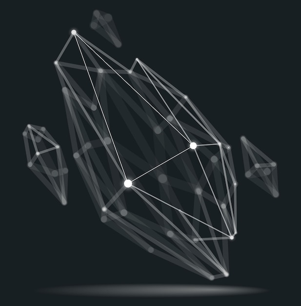 Vector abstract 3d mesh shape vector illustration dots connected with lines technology polygonal object dynamic tech and science lattice with realistic depth of field effect
