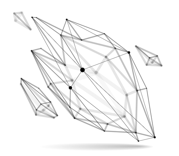 Vector abstract 3d mesh shape vector illustration, dots connected with lines technology polygonal object isolated on white background, dynamic lattice with realistic depth of field effect.