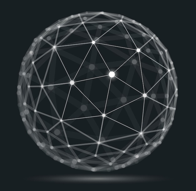 Vector abstract 3d mesh sphere vector illustration, dots connected with lines technology polygonal object, dynamic tech and science lattice, with realistic depth of field effect.