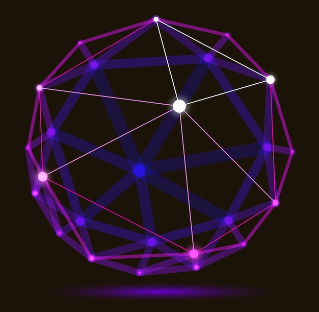 Vector abstract 3d mesh sphere vector illustration, dots connected with lines technology polygonal object, dynamic tech and science lattice, with realistic depth of field effect.