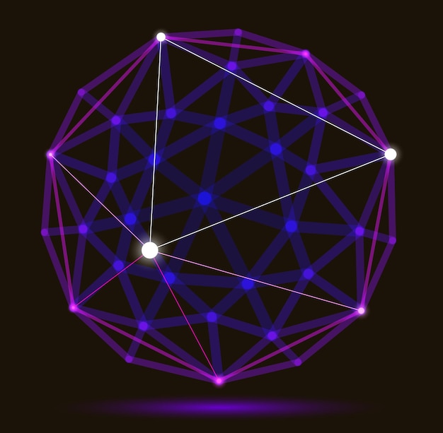 Vector abstract 3d mesh sphere vector illustration, dots connected with lines technology polygonal object, dynamic tech and science lattice, with realistic depth of field effect.