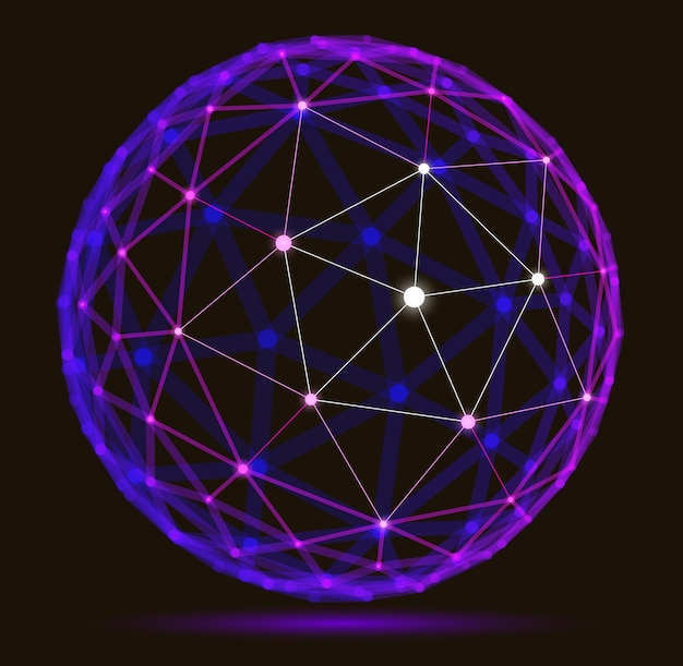 Vector abstract 3d mesh sphere vector illustration, dots connected with lines technology polygonal object, dynamic tech and science lattice, with realistic depth of field effect.