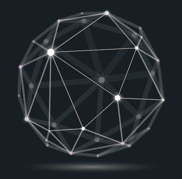 Vector abstract 3d mesh sphere vector illustration, dots connected with lines technology polygonal object, dynamic tech and science lattice, with realistic depth of field effect.