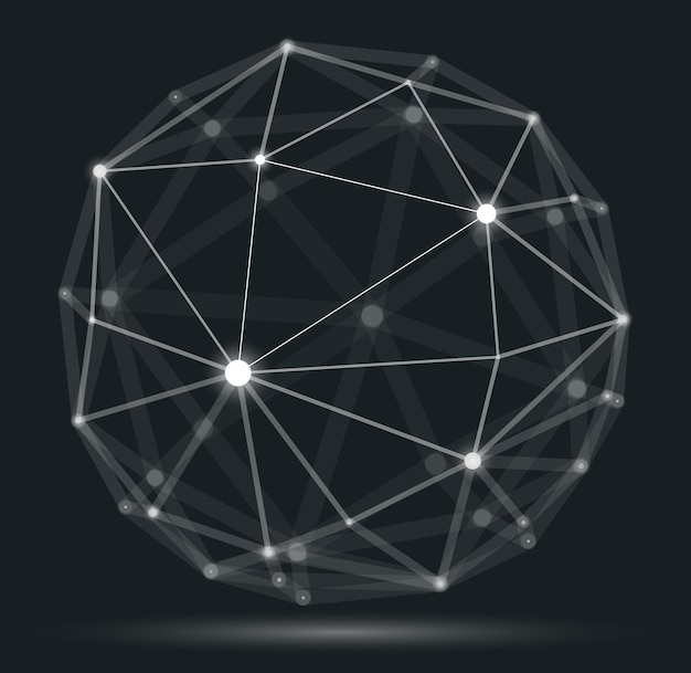 Vector abstract 3d mesh sphere vector illustration dots connected with lines technology polygonal object dynamic tech and science lattice with realistic depth of field effect