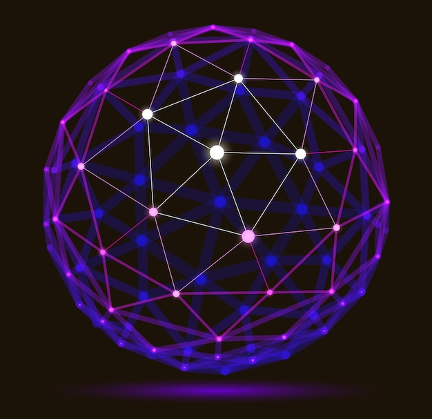Vector abstract 3d mesh sphere vector illustration dots connected with lines technology polygonal object dynamic tech and science lattice with realistic depth of field effect