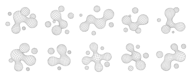 Vector abstract 3d metaball wireframe shapes geometric mesh liquid blobs connected cell form grid structures and polygonal digital molecule forms futuristic metaballs vector set with editable stroke path