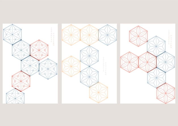 Vector abstract art card template with japanese geometric pattern with hand drawn line elements