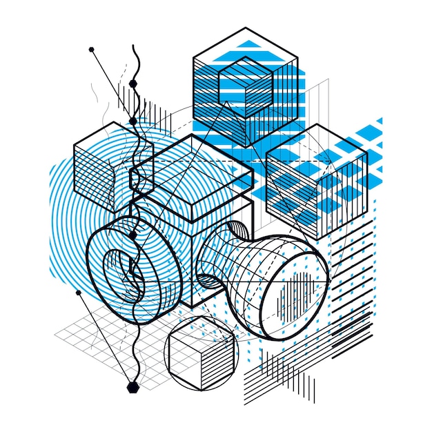 Vector abstract background with isometric elements, vector linear art with lines and shapes. cubes, hexagons, squares, rectangles and different abstract elements.
