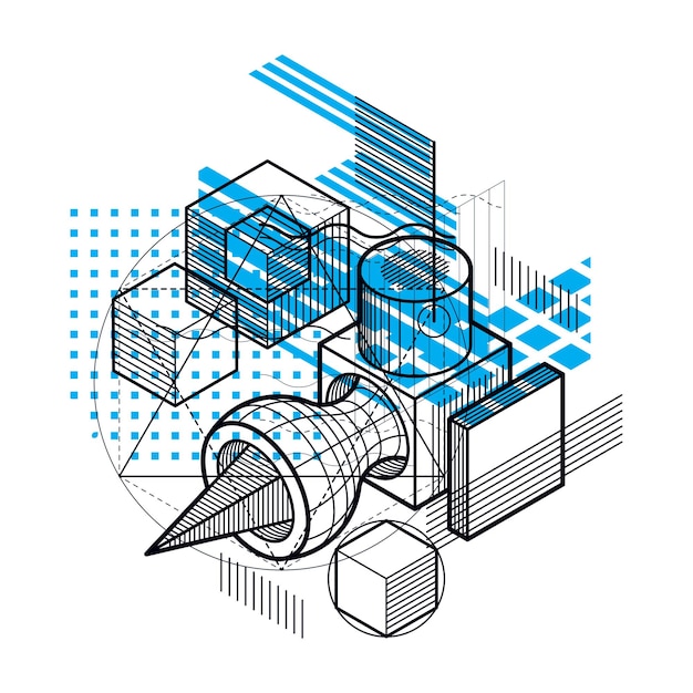 Vector abstract background with isometric elements, vector linear art with lines and shapes. cubes, hexagons, squares, rectangles and different abstract elements.