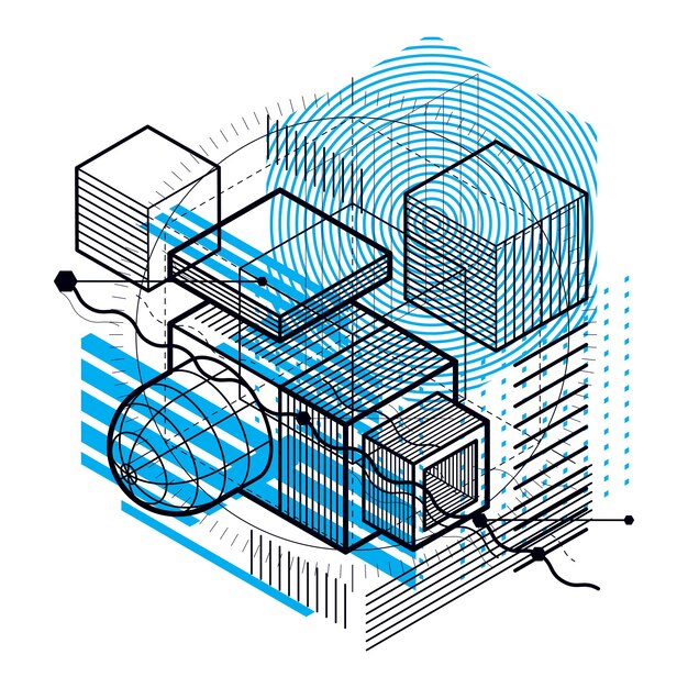 Vector abstract background with isometric elements, vector linear art with lines and shapes. cubes, hexagons, squares, rectangles and different abstract elements.