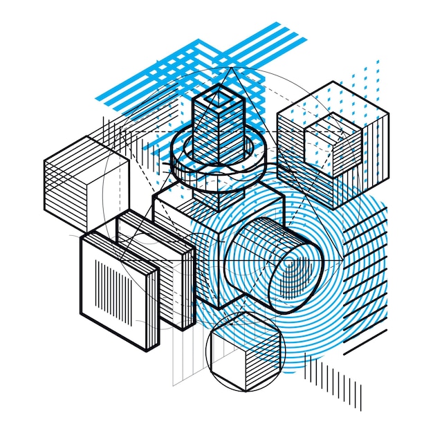Vector abstract background with isometric elements, vector linear art with lines and shapes. cubes, hexagons, squares, rectangles and different abstract elements.