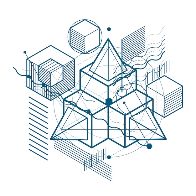 Vector abstract background with isometric elements, vector linear art with lines and shapes. cubes, hexagons, squares, rectangles and different abstract elements.